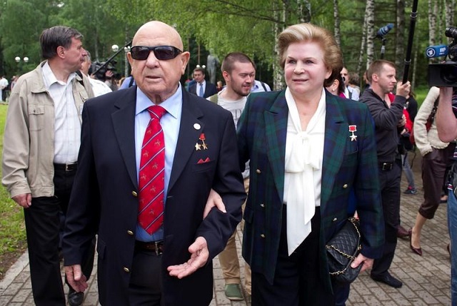 russian cosmonaut alexei leonov l the first human to conduct a space walk and his compatriot valentina tereshkova the first woman cosmonaut attend a ceremony in star city outside moscow russia june 7 2013 photo reuters