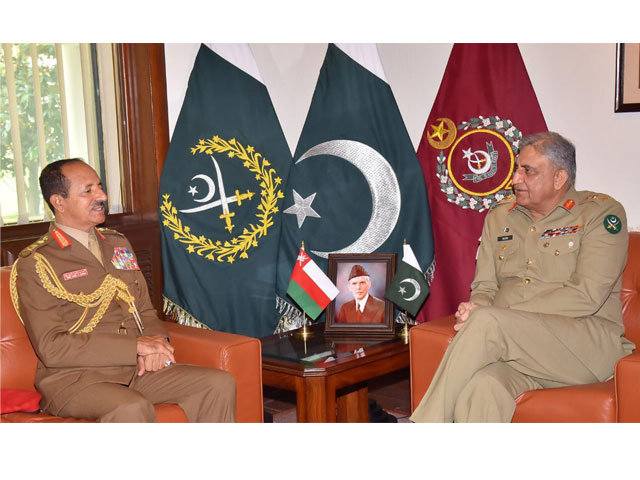 omani general ahmed bin harith al nabhani calls on army chief general qamar bajwa at the ghq on tuesday photo ispr