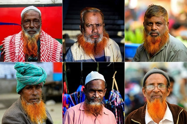 this combination of pictures shows men with henna dyed beards in dhaka photo afp this combination of pictures shows men with henna dyed beards in dhaka photo afp