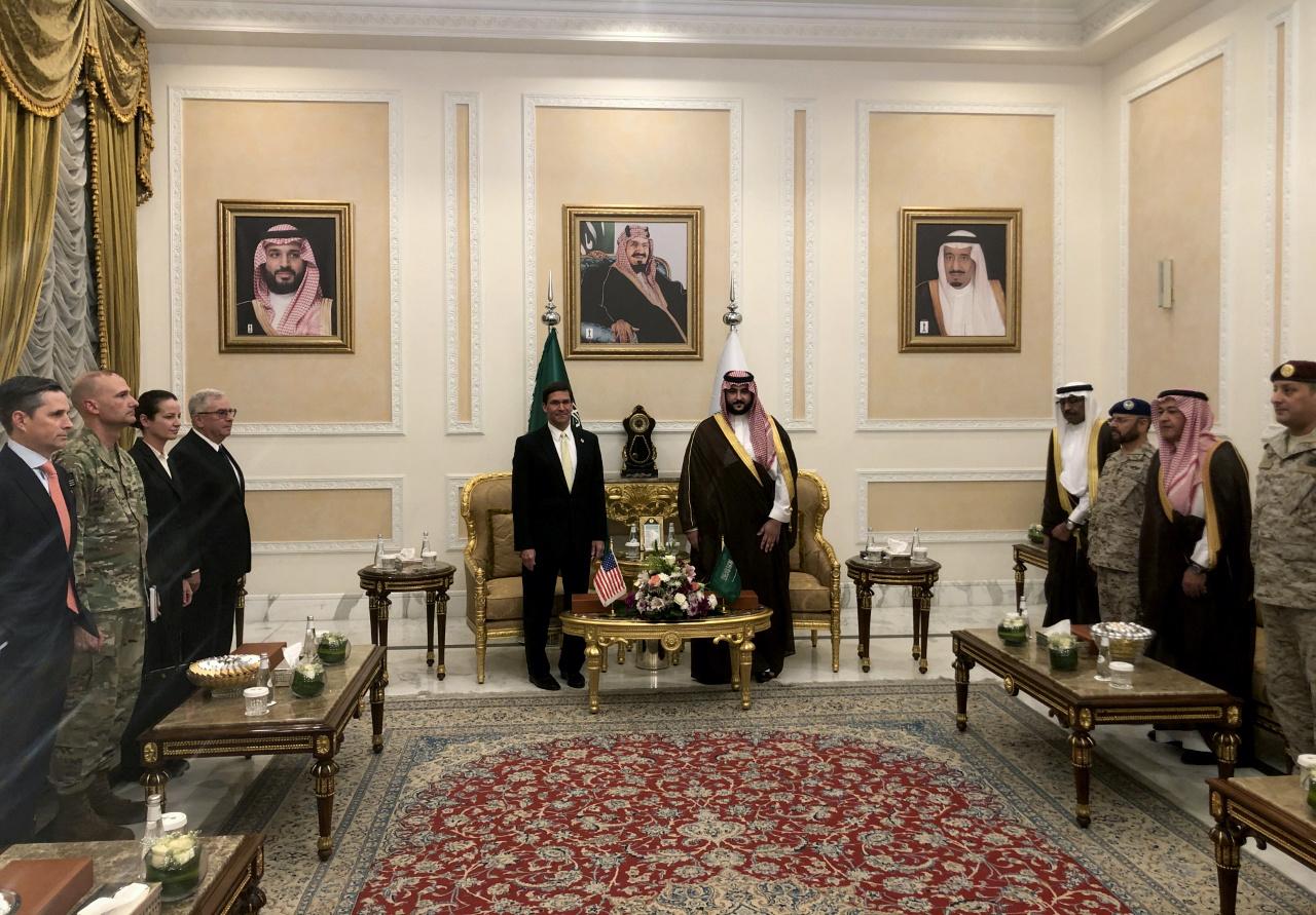 u s defense secretary mark esper is welcomed by saudi arabia 039 s deputy defense minister prince khalid bin salman in riyadh saudi arabia photo reuters