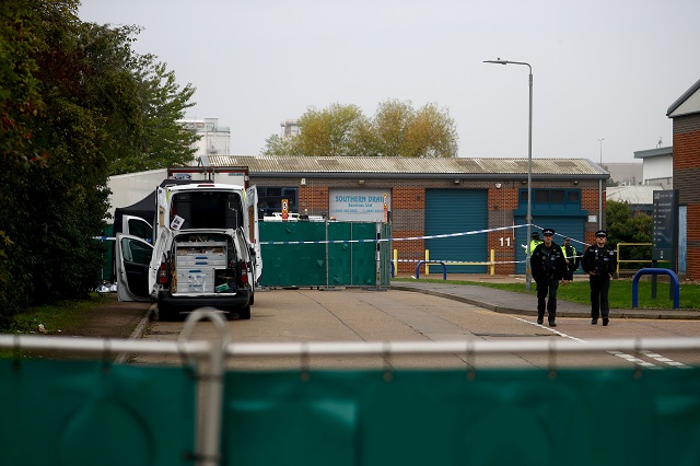 police officers are seen at the scene where bodies were discovered in a lorry container in grays essex britain october 23 2019 reuters photo reuters