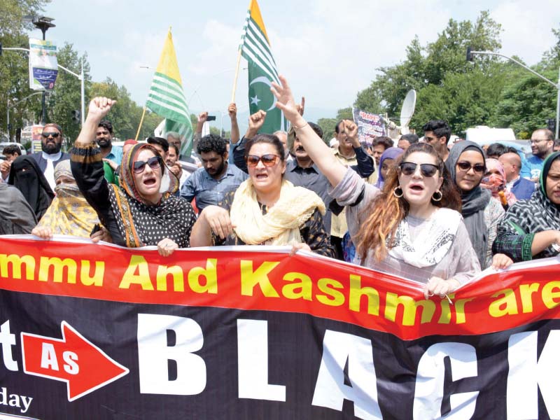 protesters of the all parties hurriyat conference aphc shout anti indian slogans during a protest rally in islamabad photo zafar aslam express