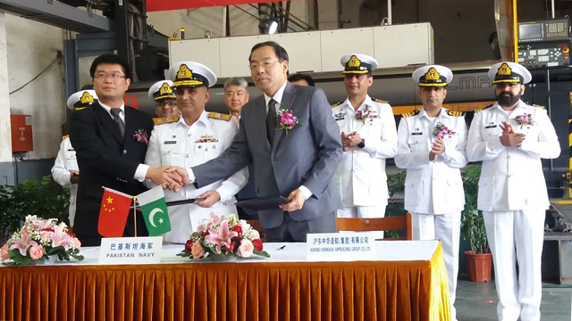 chief naval overseer cno china commodore azfar humayun of pakistan navy and president of china shipbuilding trading company cstc jointly performed the steel cutting of the two of the frigates at hudong zhonghua hz shipyard china on saturday photo pakistan navy