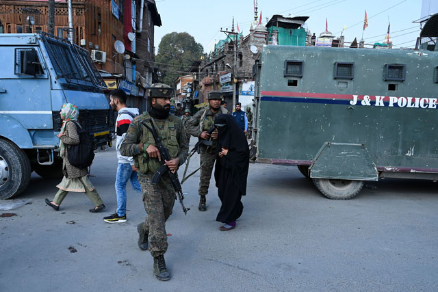 soldiers secure an area after a grenade blast at a market in srinagar on november 4 2019 photo afp