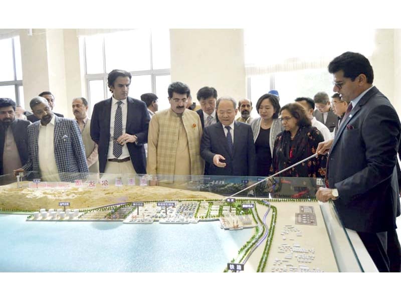 senate chairman sadiq sanjrani examines the free zone model in gwadar photo nni