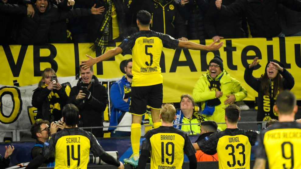 morocco international hakimi hit the winner for his german side with 13 minutes to go and will face barca next photo afp