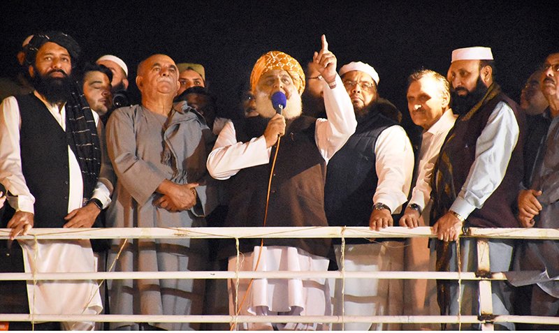 jui f chief maulana fazlur rehman addresses azadi marchers on sunday night in islamabad photo online