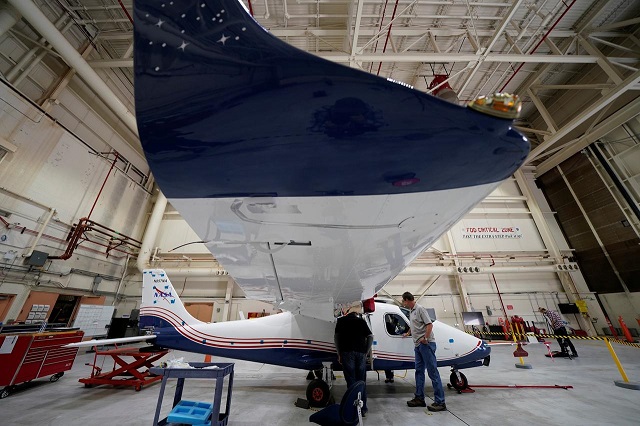 technicians work on nasa 039 s first all electric plane the x 57 maxwell at nasa 039 s armstrong flight research center at edwards air force base california us november 8 2019 photo reuters