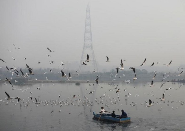 people ride a boat across yamuna river on a smoggy morning in the old quarters of delhi india november 11 2019 reuters