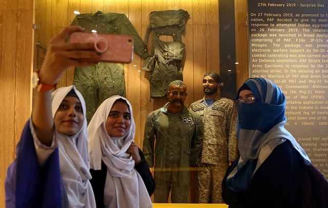 students take selfies with a mannequin representing abhinandan varthaman after his mig 21 fighter aircraft was shot down on february 27 at a gallery 039 operation swift retort 039 at the paf museum in karachi photo reuters students take selfies with a mannequin representing abhinandan varthaman after his mig 21 fighter aircraft was shot down on february 27 at a gallery 039 operation swift retort 039 at the paf museum in karachi photo reuters