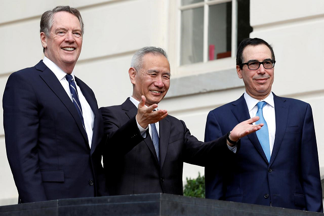 china 039 s vice premier liu he gestures to the media between us trade representative robert lighthizer l and treasury secretary steve mnuchin before the two countries 039 trade negotiations in washington us october 10 2019 photo reuters