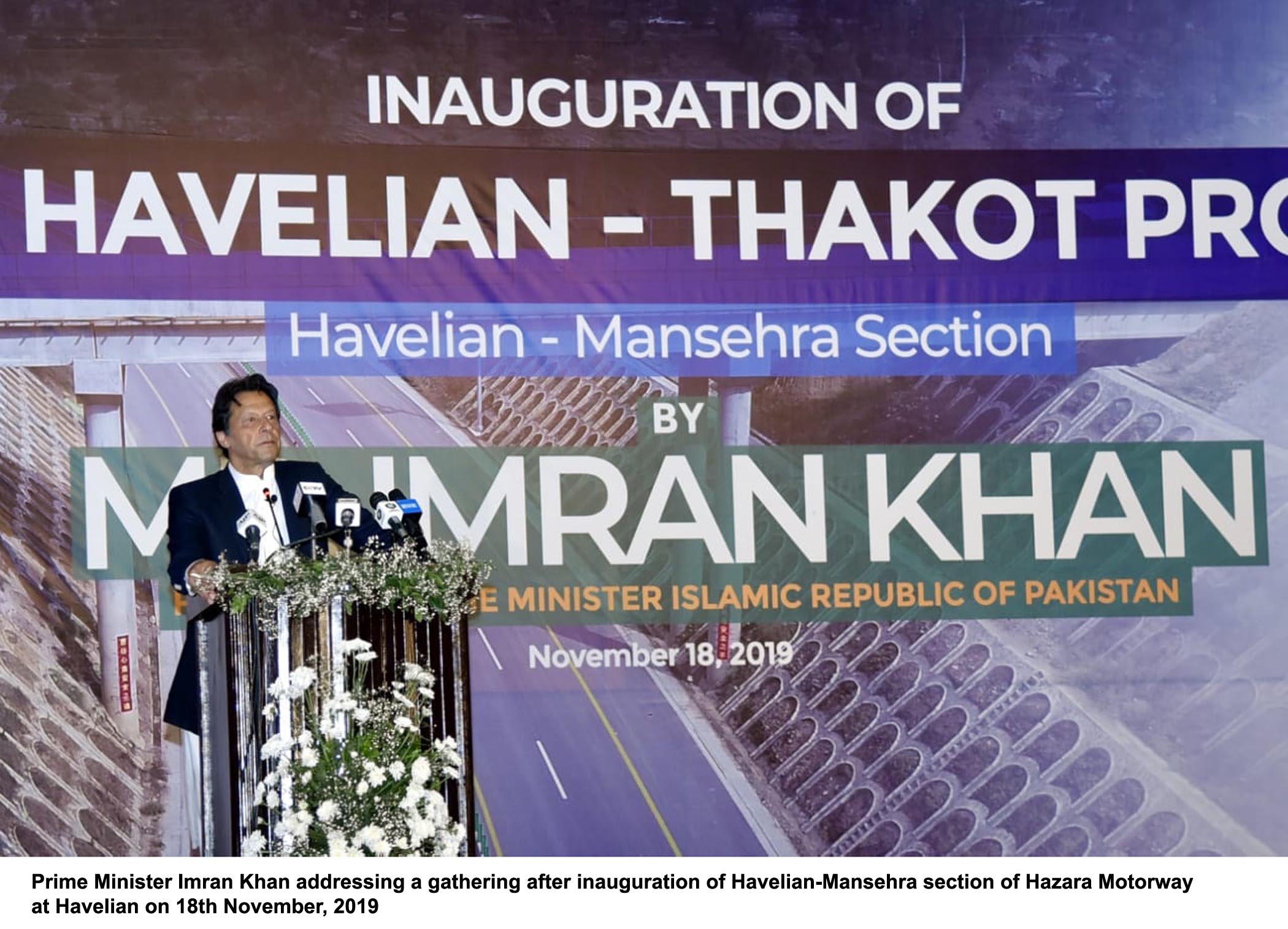 prime minister imran khan addresses a gathering after inauguration of havelian mansehra section of hazara motorway at havelian on monday photo pid
