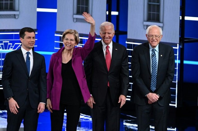 the top candidates in the democratic presidential nomination race from left    mayor pete buttigieg senator elizabeth warren former vice president joe biden and senator bernie sanders    squared off in the party 039 s fifth debate of the 2020 cycle photo afp