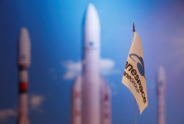a flag with a company logo is seen during satellite launch company arianespace annual news conference in paris france january 9 2018 photo reuters a flag with a company logo is seen during satellite launch company arianespace annual news conference in paris france january 9 2018 photo reuters