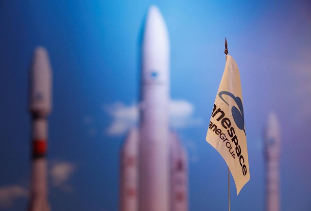 a flag with a company logo is seen during satellite launch company arianespace annual news conference in paris france january 9 2018 photo reuters