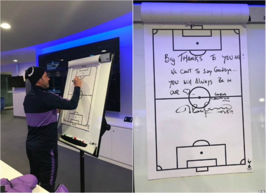 former tottenham hotspur manager mauricio pochettino was pictured writing a farewell message to his players photo courtesy twitter jesusperez