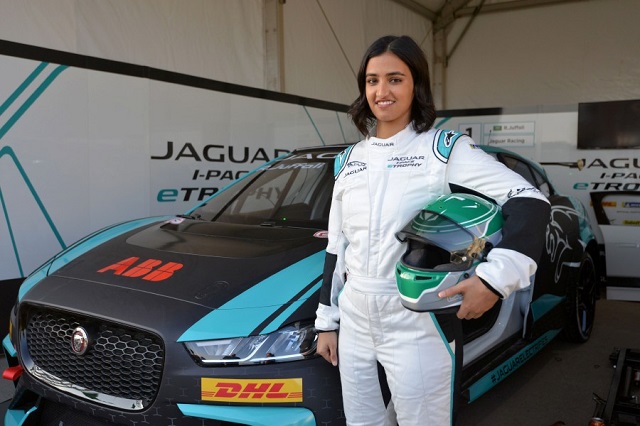 saudi arabia 039 s first female race driver reema al juffali poses in front of her car ahead of the international jaguar i pace etrophy series for electric zero emission cars set for the weekend photo afp