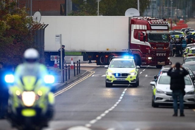 police moving the lorry container where bodies the bodies of eight women and 31 men were discovered in grays essex on oct 23 2019 photo reuters police moving the lorry container where bodies the bodies of eight women and 31 men were discovered in grays essex on oct 23 2019 photo reuters