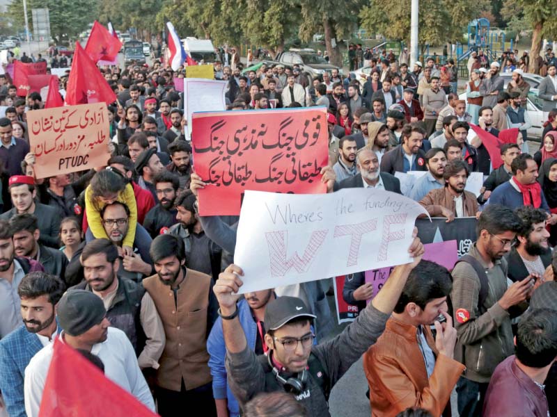 activists hold a demonstration for the revival of student unions photos zafar aslam express