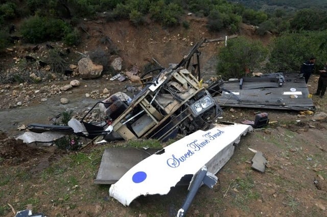 tunisian security forces check the debris of a bus that plunged over a cliff into a ravine in northern tunisia photo afp