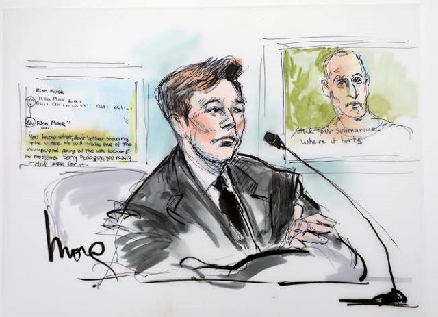 elon musk is shown in a courtroom drawing in court during the trial in a defamation case filed by british cave diver vernon unsworth who is suing the tesla chief executive for calling him a quot pedo guy quot photo reuters