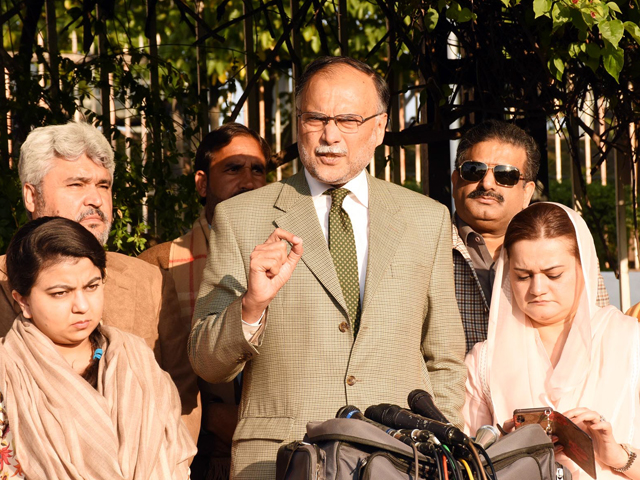 pml n leader ahsan iqbal addresses press conference outside the parliament house in islamabad photo online