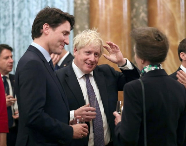 britain 039 s princess anne talks to britain 039 s prime minister boris johnson canada 039 s prime minister justin trudeau and other nato leaders at buckingham palace photo afp