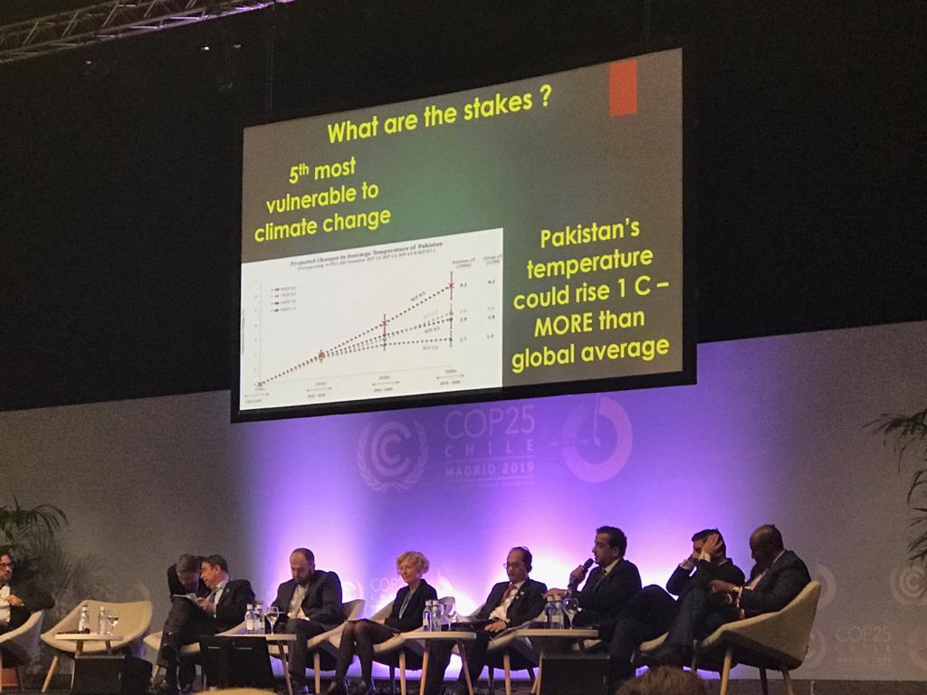 adviser to pm on climate change malik amin aslam addresses an event at cop25 in madrid spain on thursday photo express