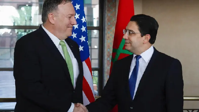 us secretary of state mike pompeo is welcomed by morocco 039 s foreign minister nasser bourita r during his visit to rabat photo afp