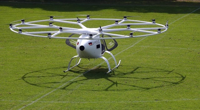 a prototype of an electrical air taxi that takes off and lands vertically evtols made by german startup volocopter flies during a demonstration round at the daimler museum in stuttgart germany september 14 2019 photo reuters