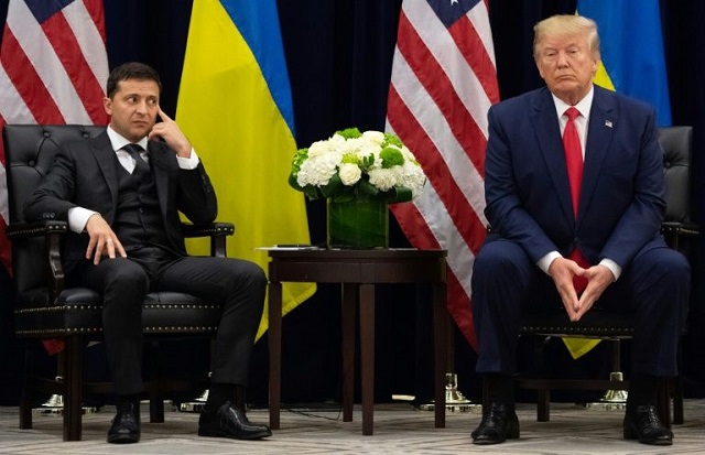 us president donald trump is accused of pressuring ukrainian counterpart volodymyr zelensky left to help him sway the 2020 us election photo afp