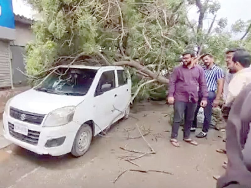 people look at an uprooted tree that fell on a car in karachi which experienced strong winds due to cyclone asna in the arabian sea on friday photo ppi