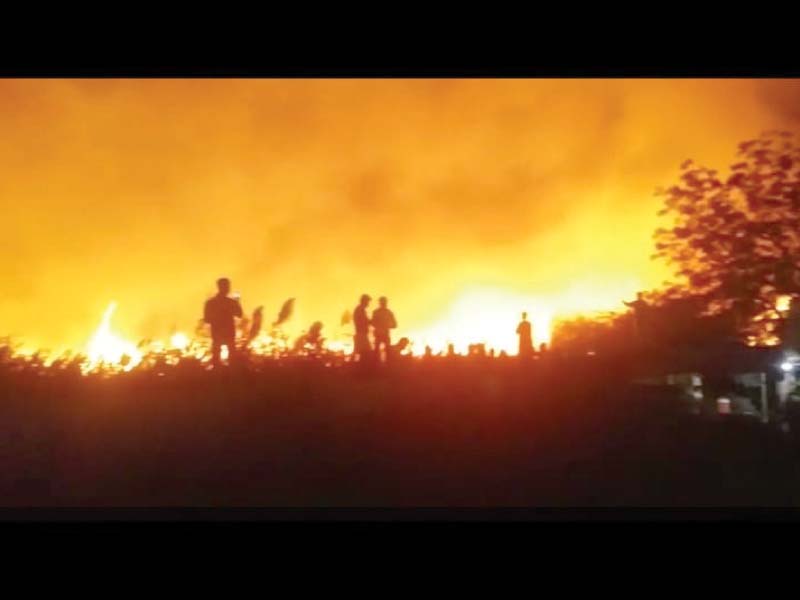 fire erupted near university of karachi on tuesday night and it soon spread and engulfed nearby bushes and trees in gulshan e kaneez as many as three fire tenders replenished by 10 water tankers were used to douse the flames photo express