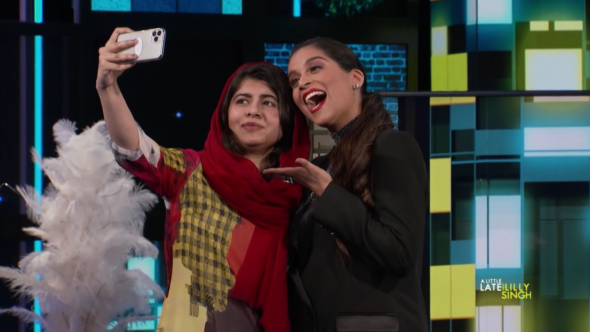 malala takes her first selfie on youtube sensation lilly singh s late night show