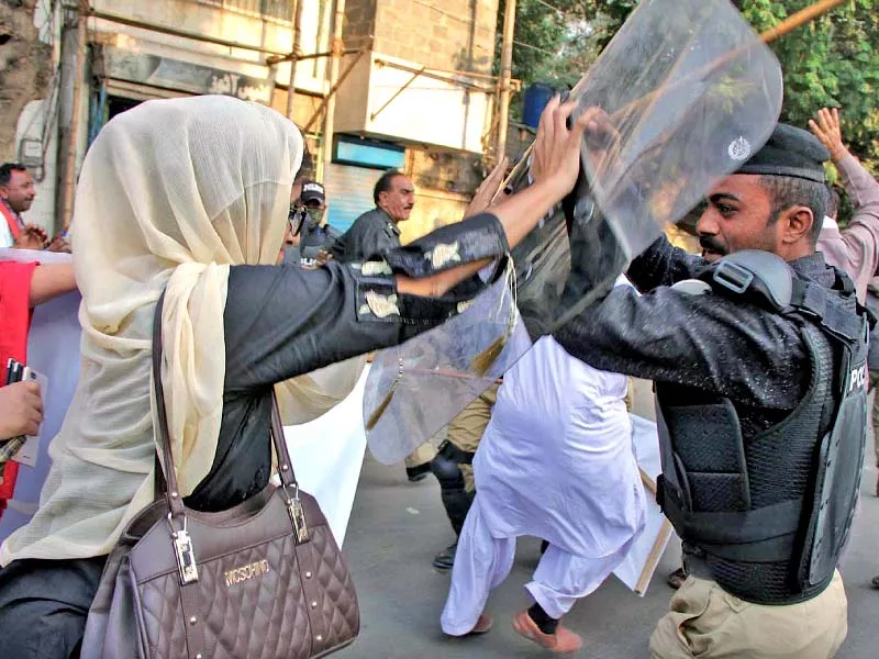 for the third time in as many months government school teachers were beaten and several of them detained by police as they tried to march towards the sindh assembly on friday photo inp for the third time in as many months government school teachers were beaten and several of them detained by police as they tried to march towards the sindh assembly on friday photo inp