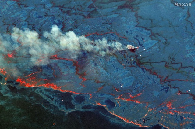 an oil spill in the gulf of mexico is seen in this worldview 2 multi spectral handout image taken june 10 2010 and released on december 24 2019 by maxar technologies photo maxar technologies
