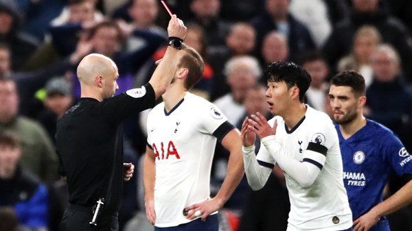 south korean winger saw red in the second half of spurs 039 2 0 loss at home to chelsea against antonio rudiger photo afp