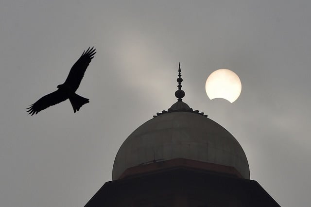 the moon begins to cover the sun during a rare quot ring of fire quot solar eclipse while a eagle flies past at badshahi mosque in lahore photo afp