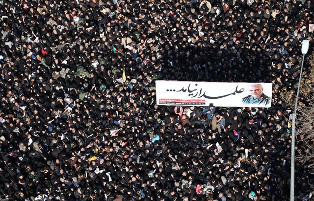 iranian people gather during a funeral for iranian major general qassem soleimani head of the elite quds force and iraqi commander abu mahdi al muhandis who were killed in an air strike at baghdad airport official khamenei website handout via reuters