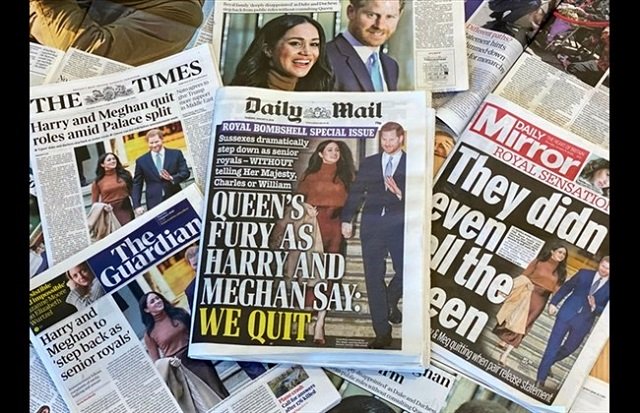 an arrangement of uk daily newspapers photographed as an illustration in london on january 9 2020 shows front page headlines reporting on the news that britain 039 s prince harry duke of sussex and his wife meghan duchess of sussex plan to step back as quot senior quot members of the royal family photo afp