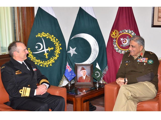 coas general qamar bajwa meets vice admiral david johnston australia s vice chief of defence forces at the ghq on friday photo ispr