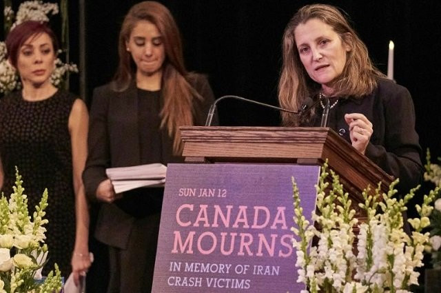 deputy prime minister chrystia freeland speaks during a memorial ceremony in toronto for the canadian victims of the ukraine international airlines crash photo afp