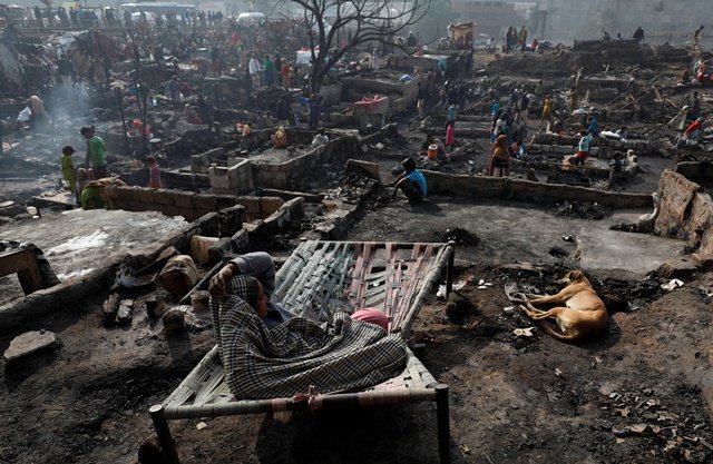 a woman sits on a broken bed with her family dog on the floor of a burnt out house as people search for their belongings after a fire broke out in a slum in karachi photo reuters