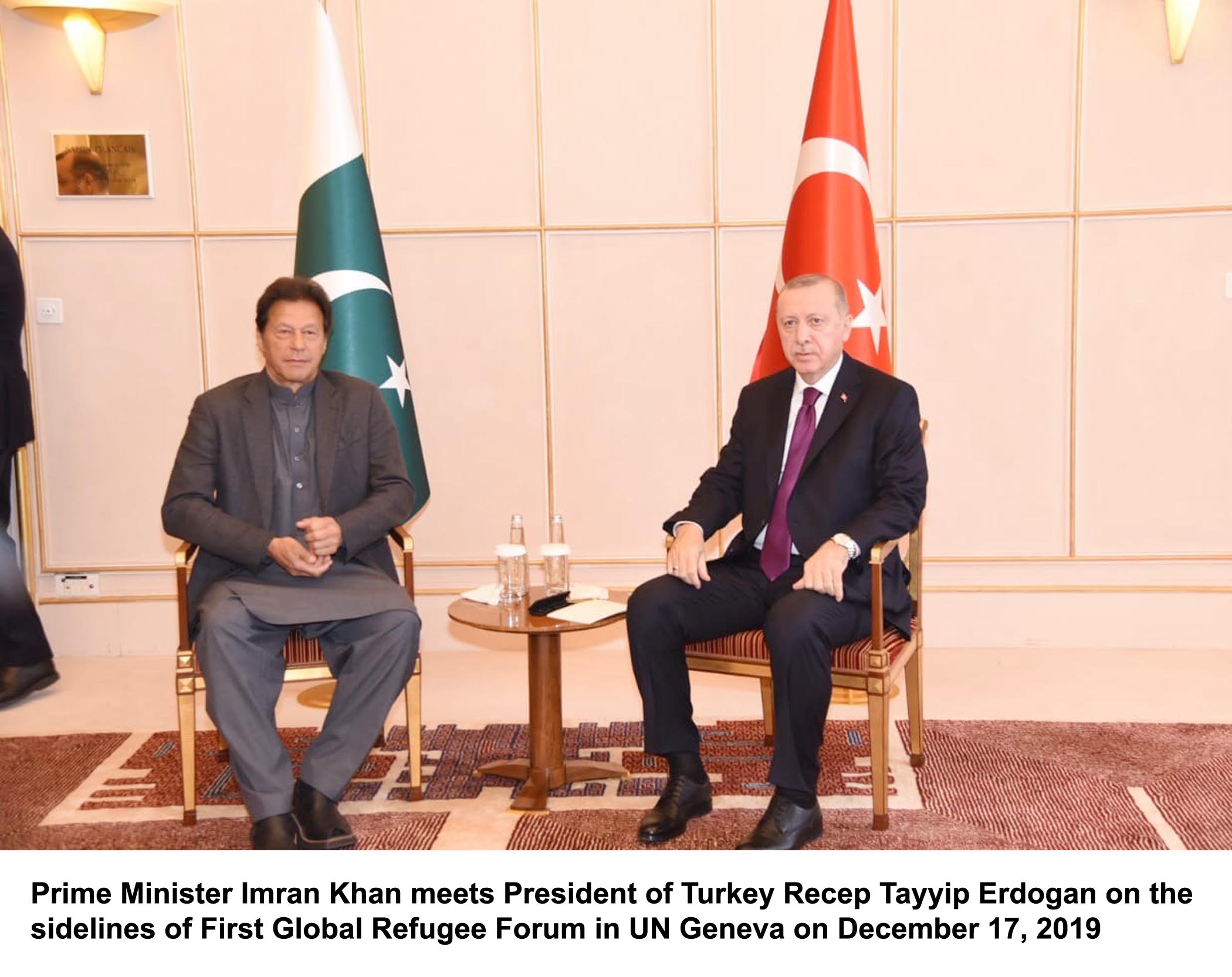 prime minister imran khan meets president of turkey recep tayyip erdogan on the sidelines of first global refugee forum in un geneva on december 17 2019 photo pid