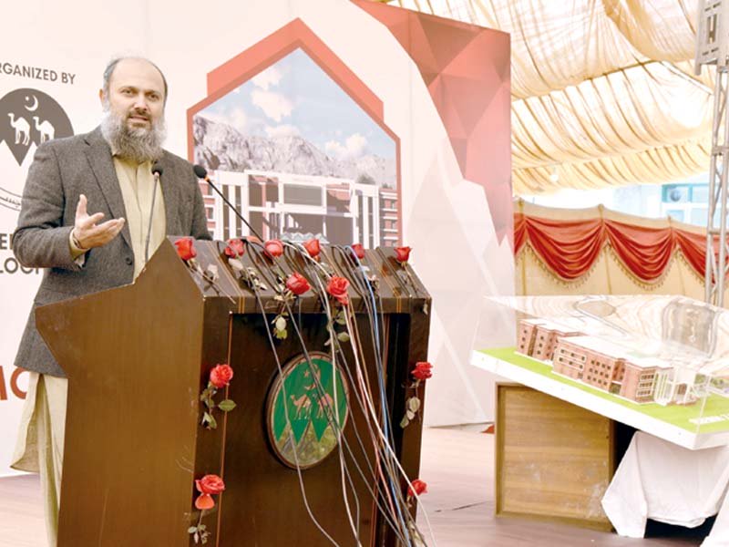 chief minister jam kamal addresses a foundation laying ceremony in quetta photo express