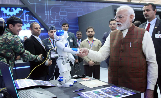 prime minister narendra modi visits stall during india s 11th defence expo in the northern city of lucknow photo twitter defexpoindia