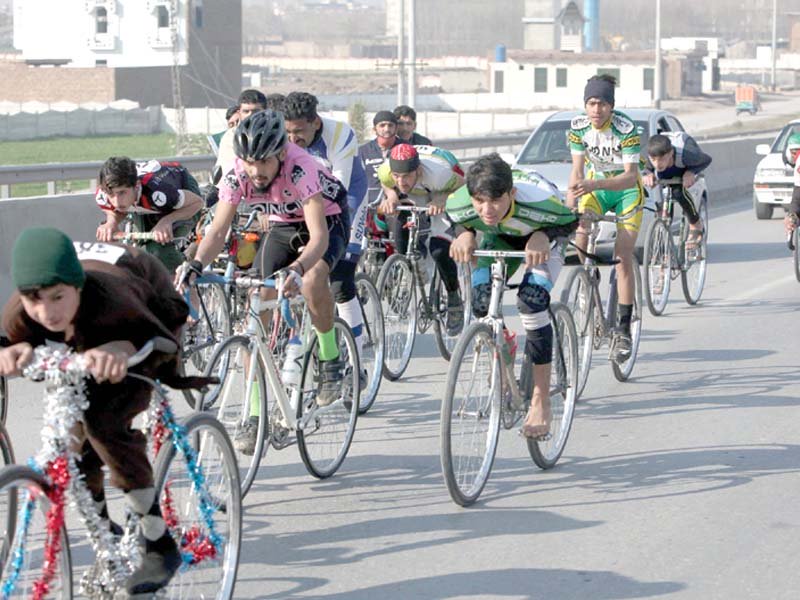 participants of a cycle rally held in connection with kashmir solidarity day in peshawar photo ppi