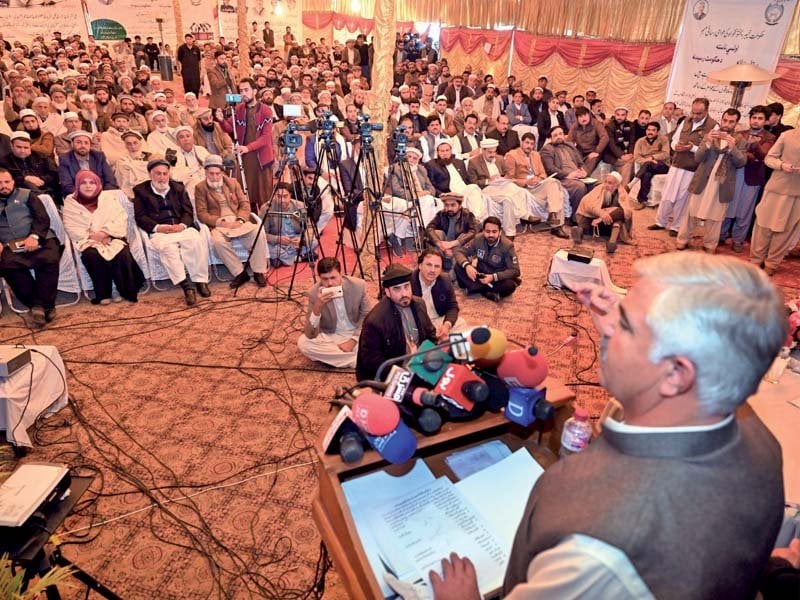 k p chief minister mahmood khan addresses the inaugural session of the public outreach campaign in landi kotal photo express