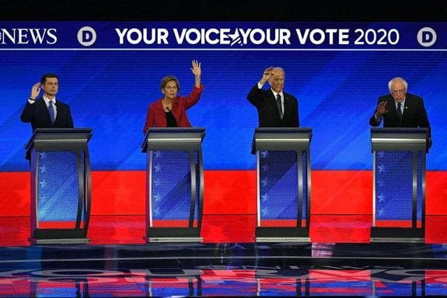 left to right presidential hopefuls pete buttigieg elizabeth warren joe biden and bernie sanders at the eighth democratic primary debate of the 2020 campaign season in manchester new hampshire photo afp left to right presidential hopefuls pete buttigieg elizabeth warren joe biden and bernie sanders at the eighth democratic primary debate of the 2020 campaign season in manchester new hampshire photo afp