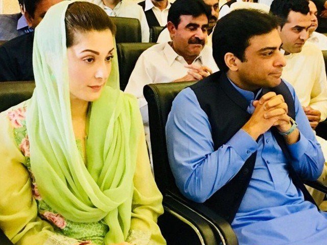 leader of the opposition in punjab assembly hamza shehbaz right and pml n vice president maryam nawaz left photo express